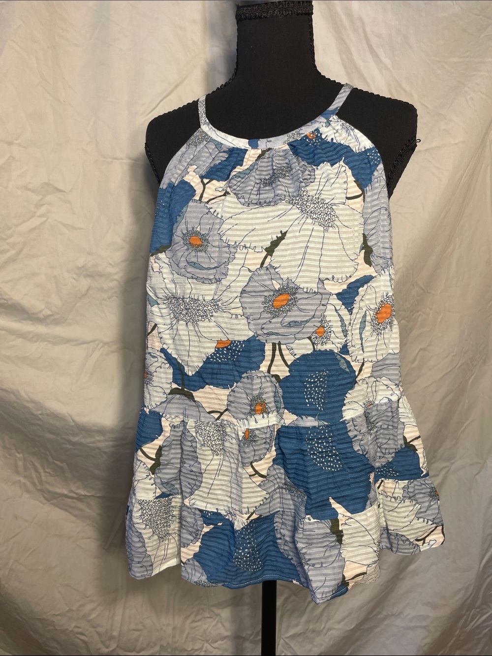 LOFT Blue and White Floral Ruffle-Hem Tank